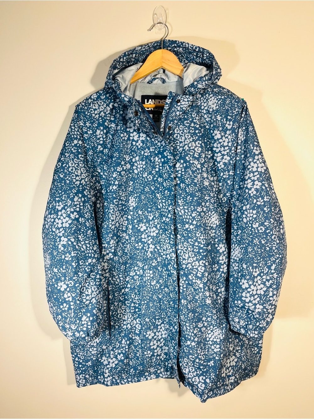 Lands' End Blue Floral Waterproof Hooded Packable Rain Jacket 3X